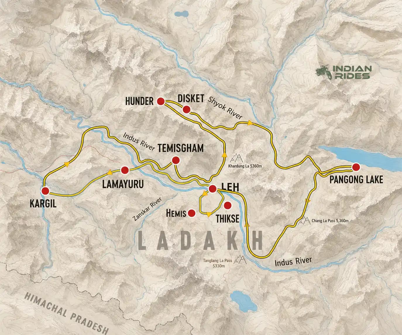 Ladakh Motorcycle Tour – Conquer Himalaya | Indian Rides Ladakh map showing the Conquer Himalaya motorcycle route from Kargil to Pangong Lake via Leh, Khardung La and Chang La.